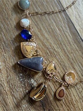 Altar'd State Gold Charm Necklace with Blue, Cream, Gray and Brown Accents 18”